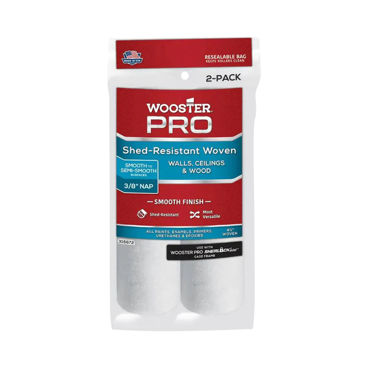 The Go Build 4-1/2 in. x 3/8 in. High-Density Pro Woven Cage Frame Roller pack includes two rollers, ideal for smooth to semi-smooth surfaces like walls and ceilings. They feature a lint-free woven fabric for a flawless finish and come in a resealable bag to prevent drying out.